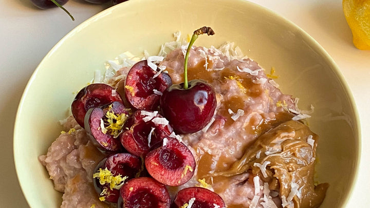 Pink oatmeal with cherry and coconuts using Pika Pika's Coconut Spread
